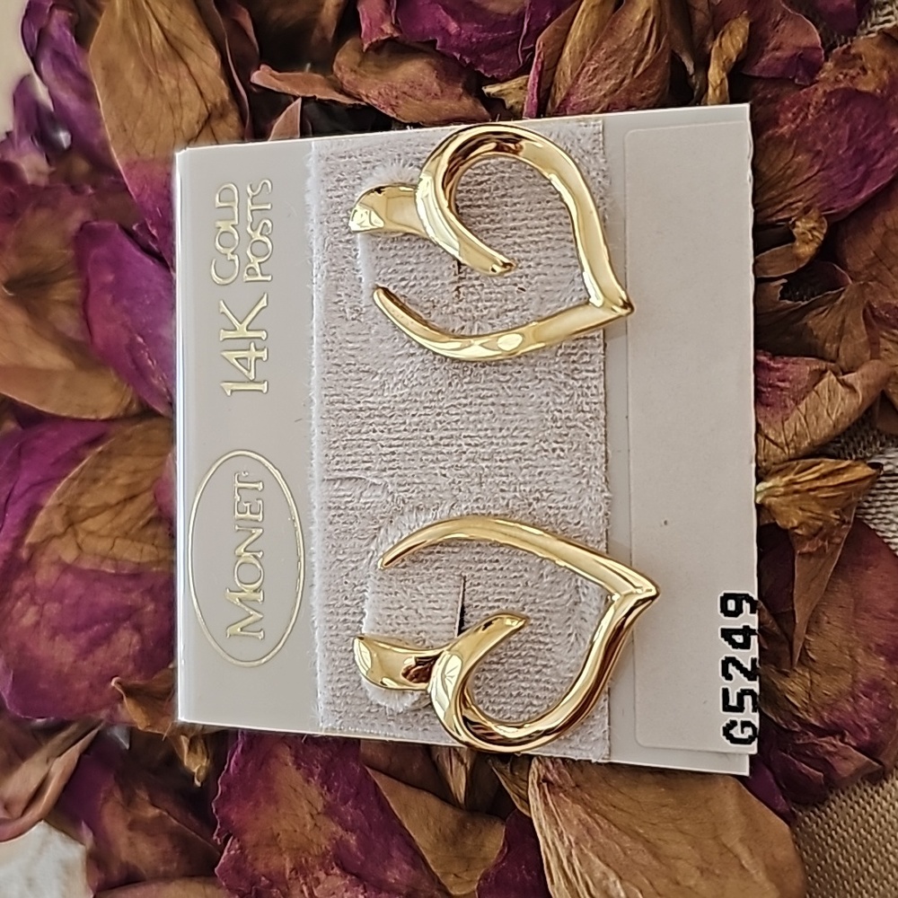 Monet Vintage 14K Gold Filled Open Heart Leaf Drop Hoop Earrings